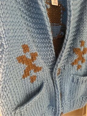 GOGO Light Blue Cardigan Sweater with Brown Motif